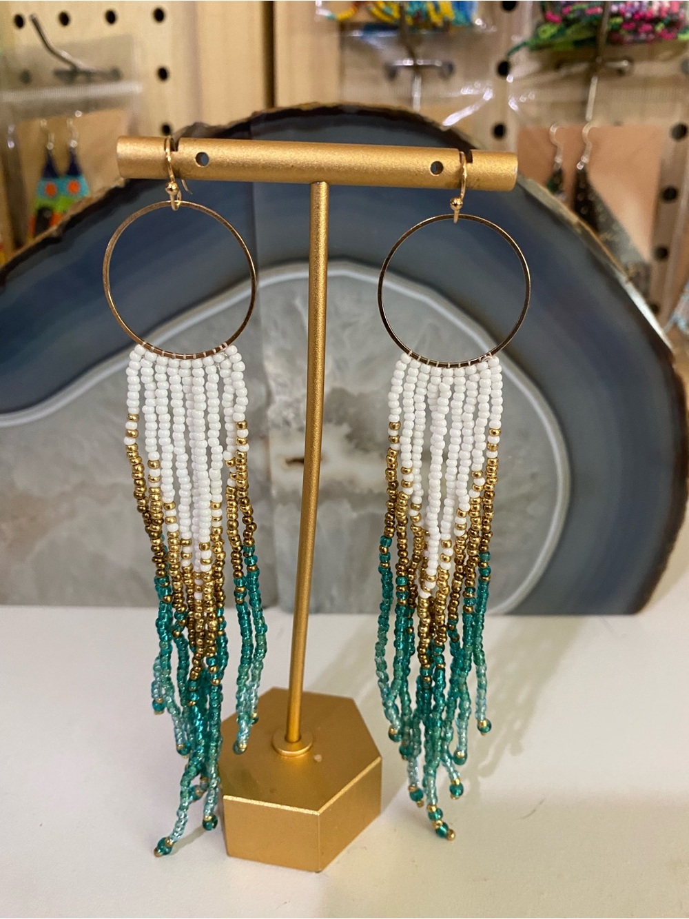 Gold Hoop Fringe Earrings with White, Gold & Teal Beads